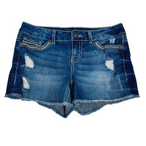 Maurices Embroidered Jean Shorts Juniors Sz XS Blue Denim Destroyed Cutoff Stret